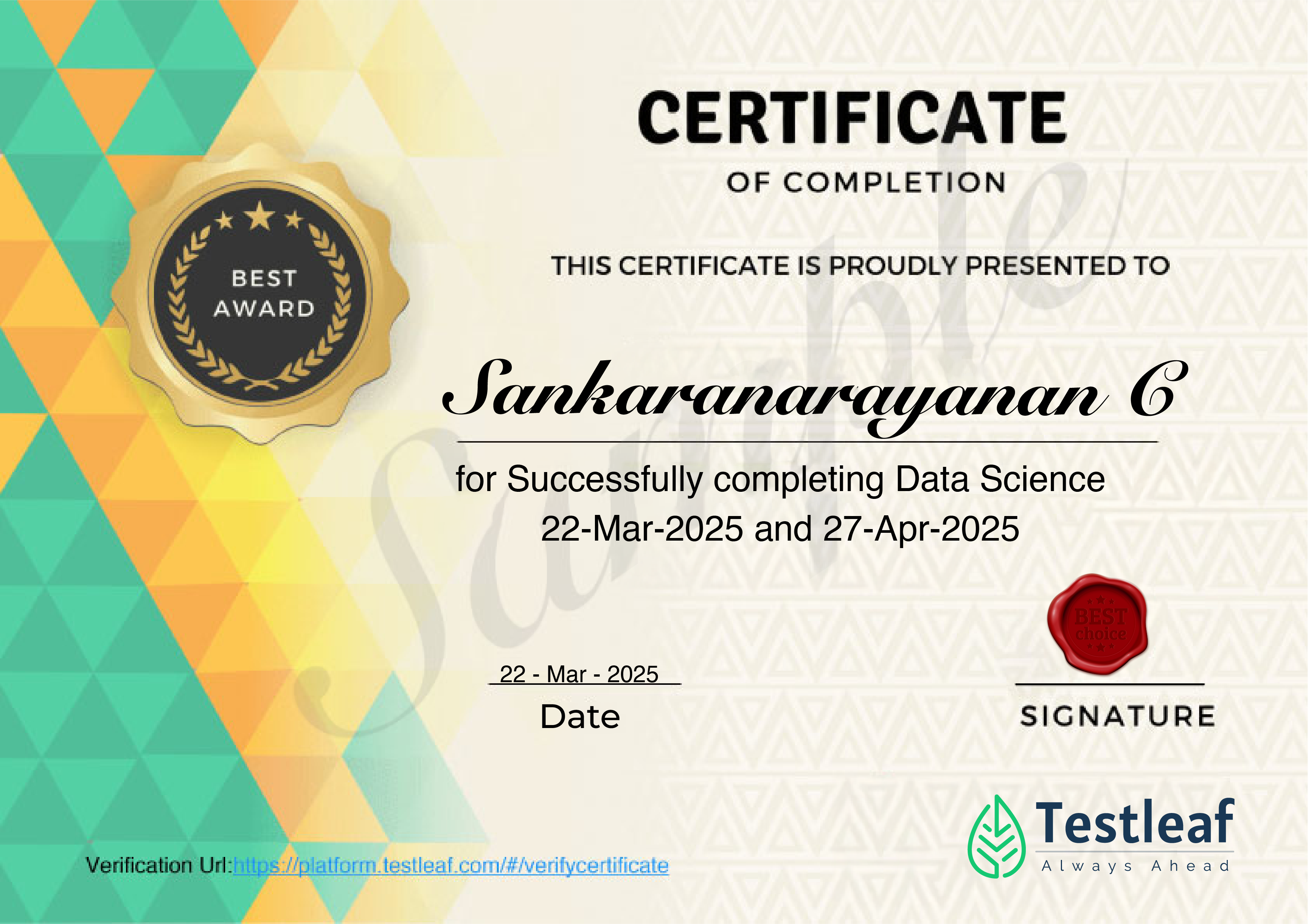 Certificate of Completion preview